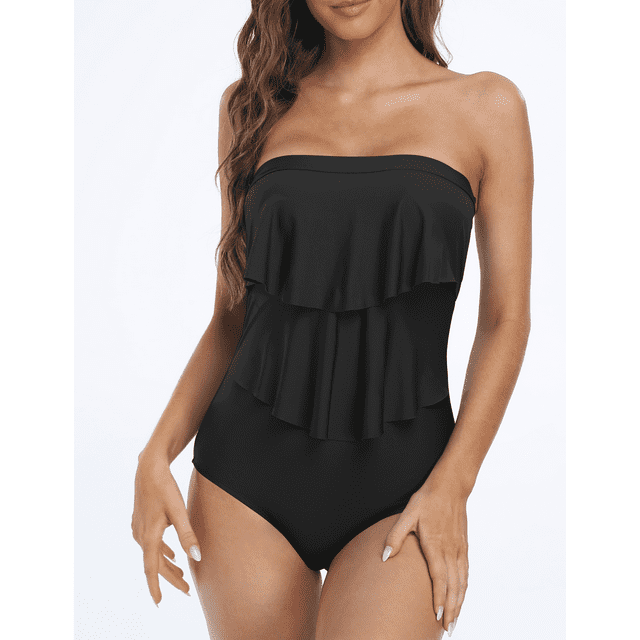 Susanny Women Strapless One Piece Swimsuit Tummy Control Bathing Suits Ruched Front Sexy Slimming Swimwear Red Xl