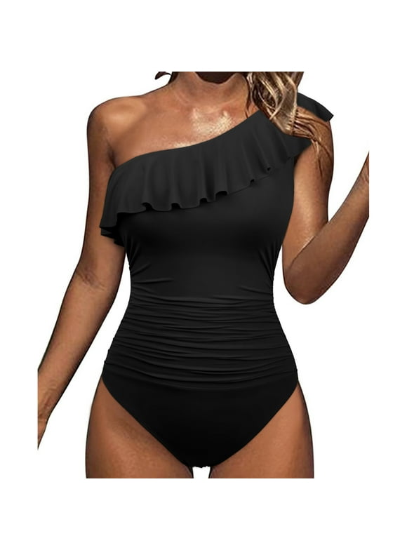 Womens One Piece Swimsuits One Shoulder Swimwear Asymmetric Ruffle Monokinis Bathing Suits
