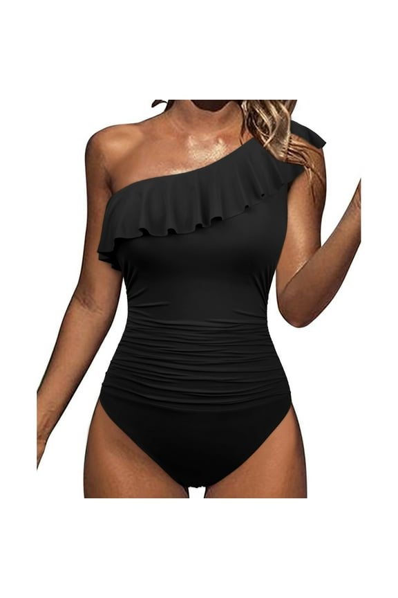 Womens One Piece Swimsuits One Shoulder Swimwear Asymmetric Ruffle Monokinis Bathing Suits