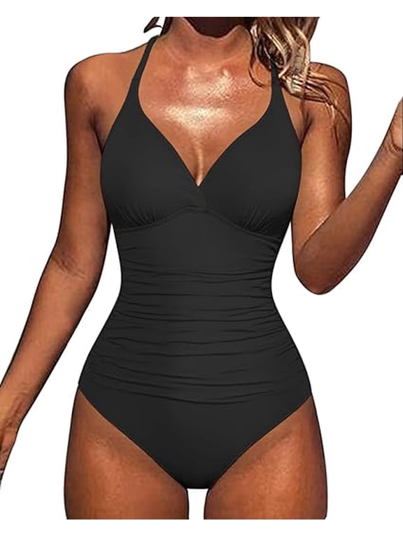 Womens One Piece V Neck Bathing Suits Cross Open Back swimsuits Tummy Control Swimwear