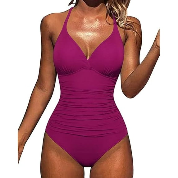 Hilor Womens One Piece V Neck Bathing Suits Strappy Back swimsuits Tummy Control Swimwear
