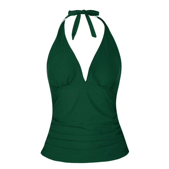 Hilor Womens Plunging V Neck Halter Bathing Suit Tops Shirred Tankini Top