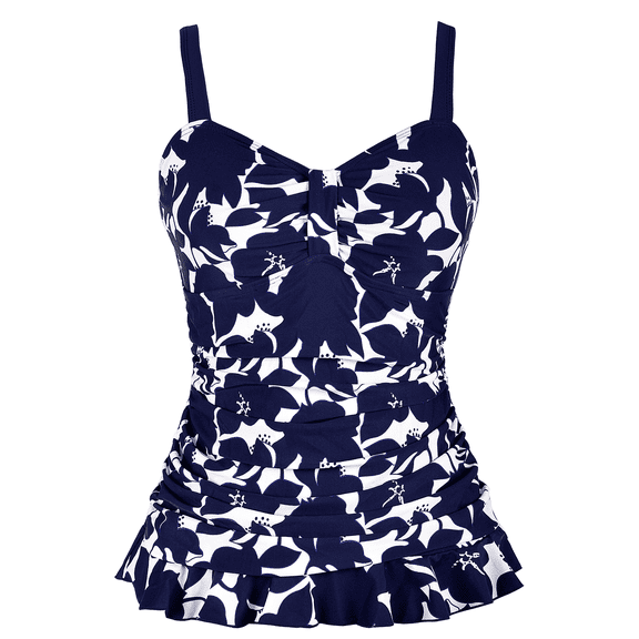 Hilor Womens Plus Size Tankini Top Retro Ruched Swimsuit Top with Ruffle Hem