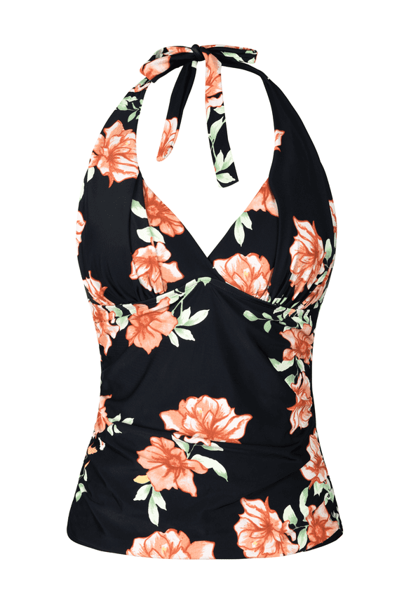 Womens Swimsuit Top Plunging V Neck Halter Swim Tops Shirred Tummy Control Tankini Top