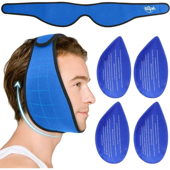 Hilph Face Ice Pack Wrap for Wisdom Teeth & TMJ, Larger Jaw Ice Pack Head Wrap for Oral Facial Surgery Pain Relief, with 4 Hot Cold Packs for Tooth Extraction & Teeth Removed, Tonsillectomy Blue