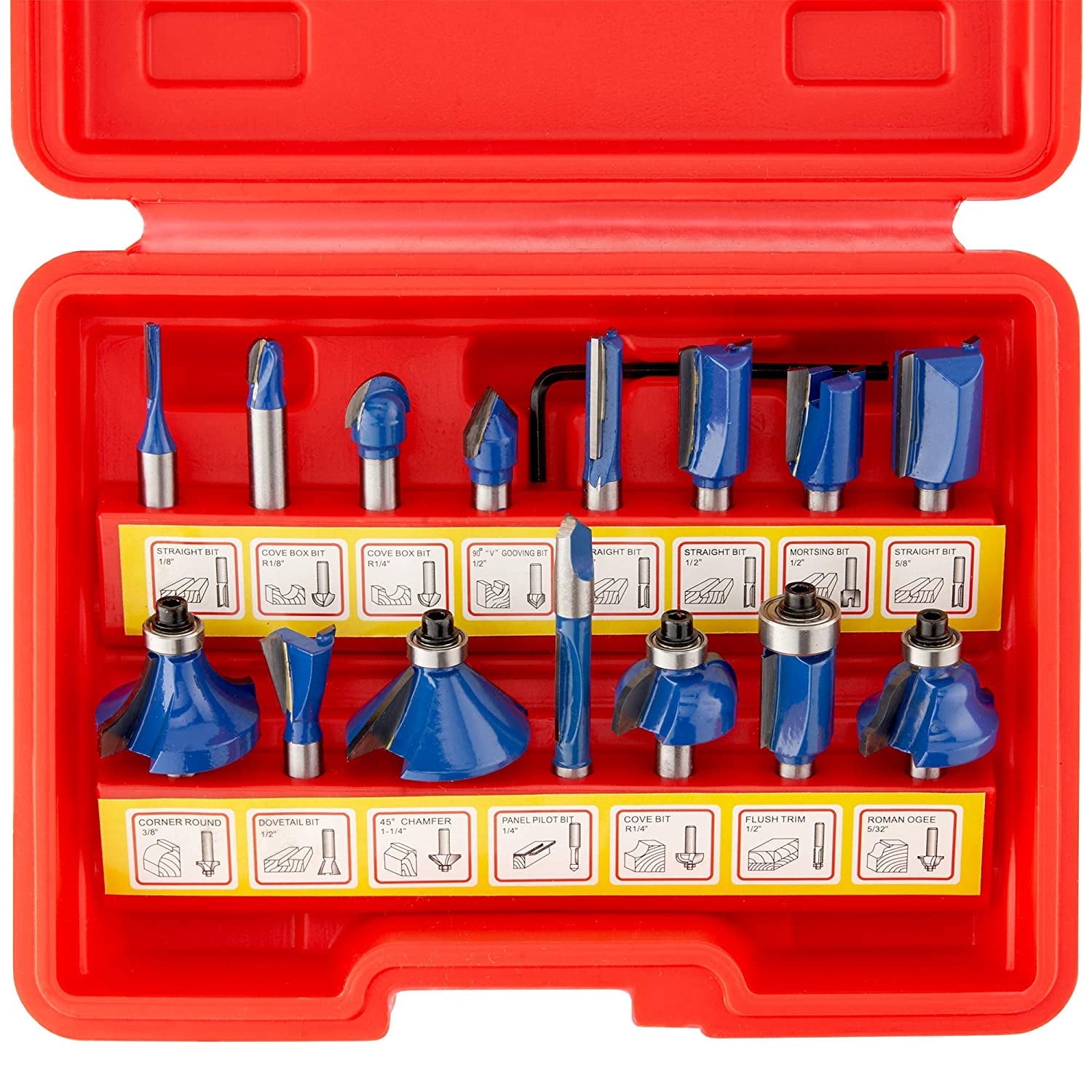 HILTEX 10100 Tungsten Carbide Router Bits, 15 Piece Router Bit Set, 1/4” Router Bit Shank Tungsten Carbide Router Bits, Chamfer Router Bits for Woodworking on Wood , Blue