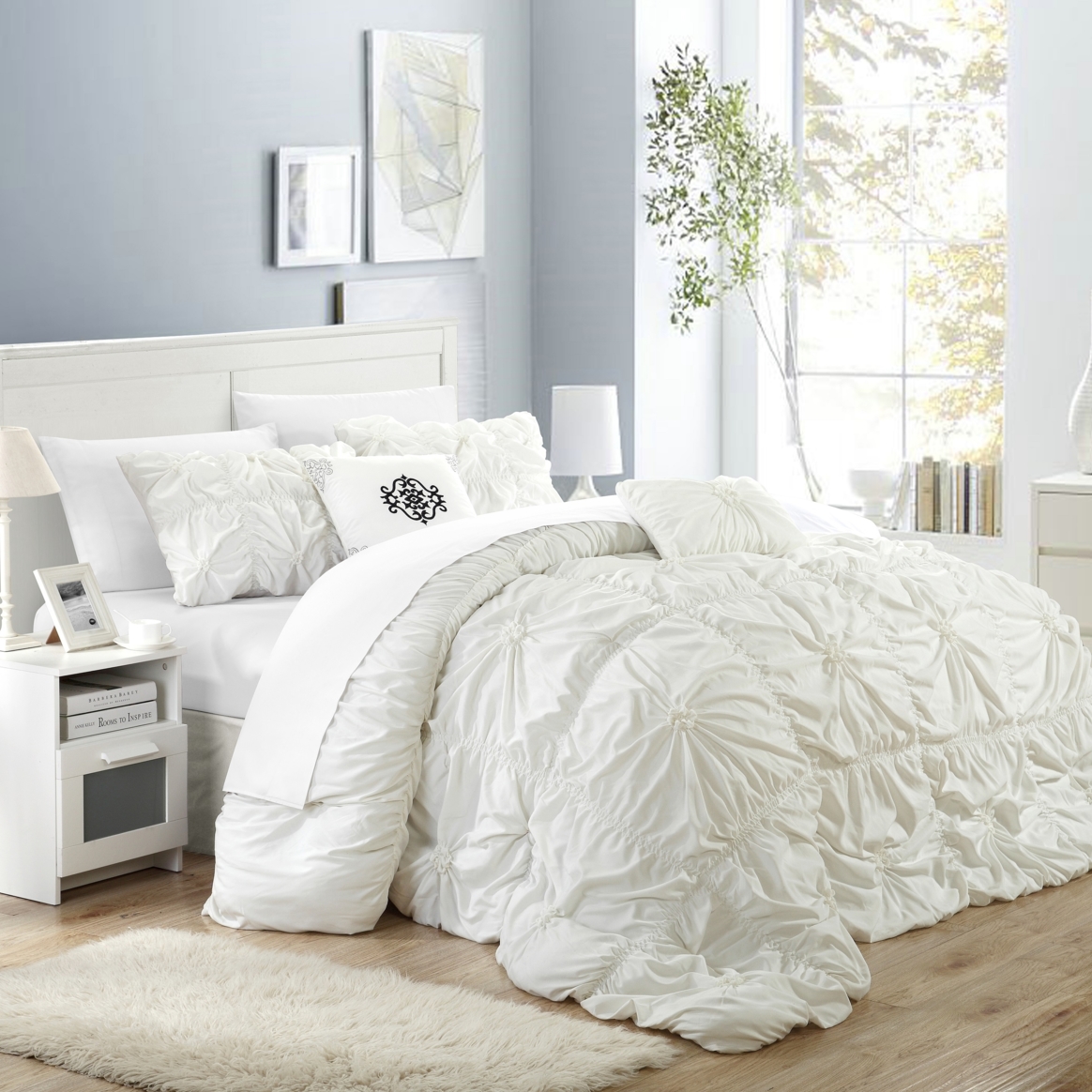 Hilton 10 Piece Comforter Set Floral Pinch Pleated Ruffled Designer