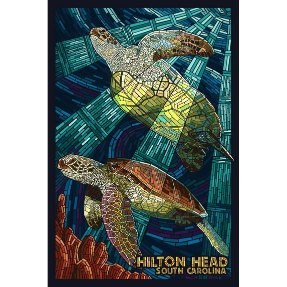 Hilton Head, South Carolina, Mosaic Sea Turtles (9x12 Wall Art Print, Home Decor)