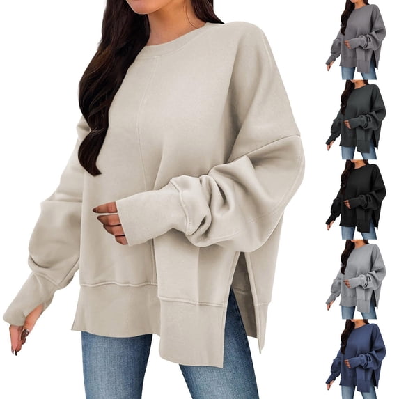 Hilzaten Solid Sweatshirt for Women Pullover Crew Neck Drop Shoulder Loosse Sweatshirt for Women