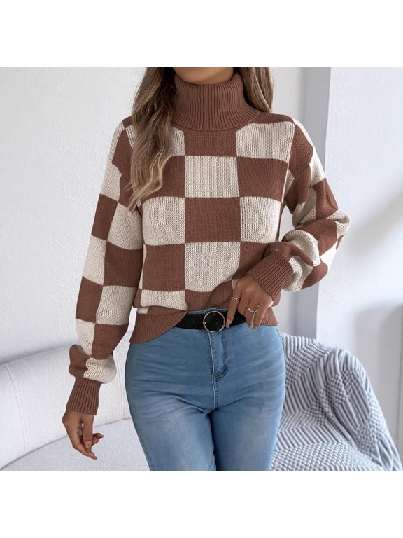High Neck sweater Women's Long Sleeve, plaid knit Comfortable Versatile Everyday Essential