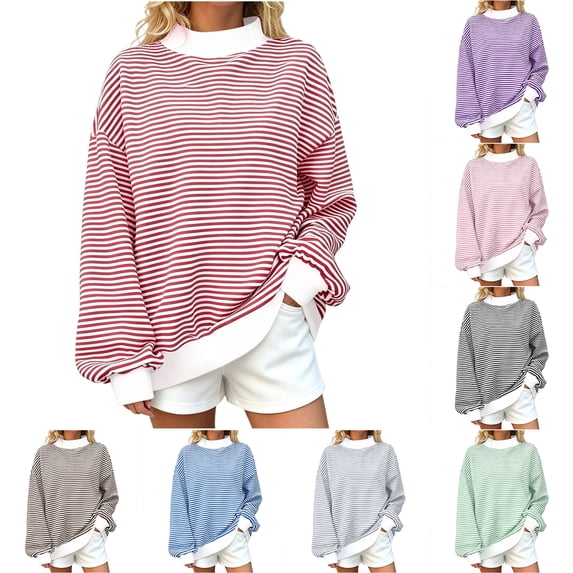 Hilzaten Plus Size Sweatshirt for Women Casual Winter Striped Knitted Mock Neck Long Sleeve Color Block Womens Top Sport