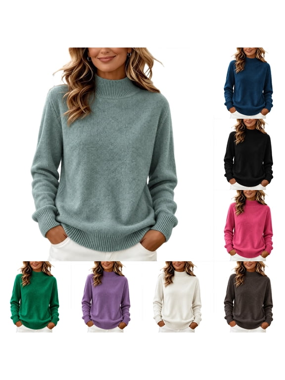 Pullover Sweaters for Women Winter Long Sleeve Mock Neck - Cozy Knit Tops Casual Loose Fit Clothes