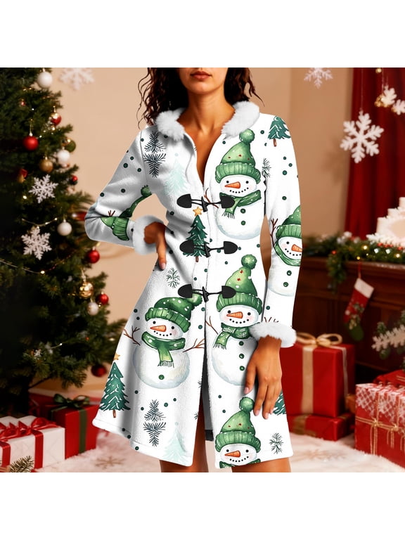 Women Long Sleeve Loose Fit Jacket - Casual Hooded Christmas Print Toggle Plush-Trimmed Hood