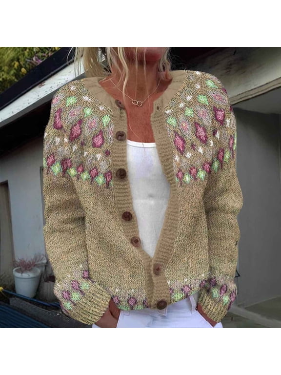 Women's Crew Neck sweater floral knit Long Sleeve Comfortable Versatile Everyday Essential