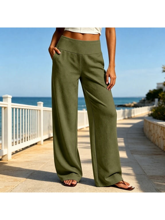Women's High Rise Sweatpants - Elastic Wide Leg Solid Waistband Everyday