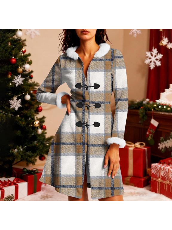Women's Long Sleeve Loose Fit Jacket - Casual Hooded Christmas Print Toggle Plush-Trimmed Hood Jackets