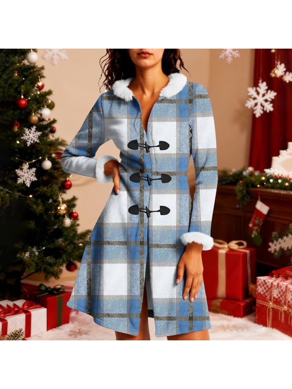 Women's Long Sleeve Loose Fit Jacket - Casual Hooded Christmas Print Toggle Plush-Trimmed Hood Jackets