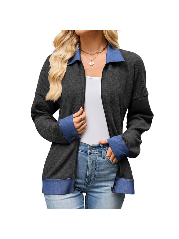 Women's Mid-Weight Jacket - Loose Fit Denim Zipper Utility