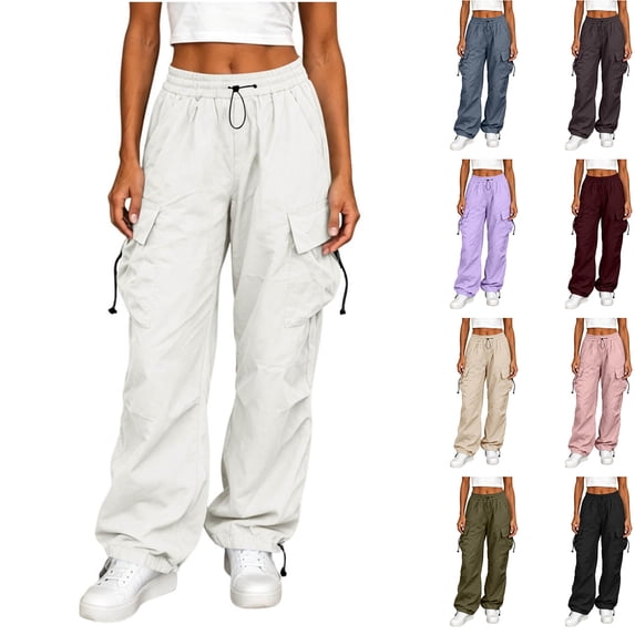Hilzaten Womens Baggy Straight Leg Cargo Pants Drawstring Casual Outdoor Solid Sport Pockets Loose Womens Elastic Waist Pants