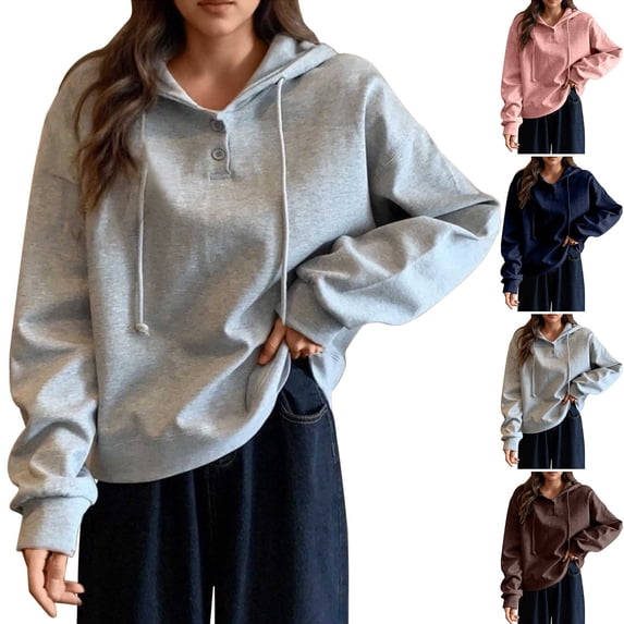 Hilzaten Womens Loosse Hoodie Pullover Solid Button Front Drop Shoulder Hoodie for Women