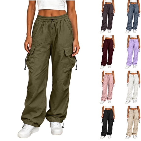 Hilzaten Womens Elastic Waist Cargo Pants Baggy Straight Leg Sport Casual Solid Loose Drawstring Outdoor Womens Pockets Pants