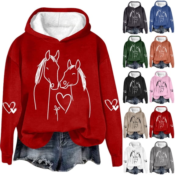 Hilzaten Womens Long Sleeve Tops Hooded Casual Pullover Loosse Print Sweatshirt for Women