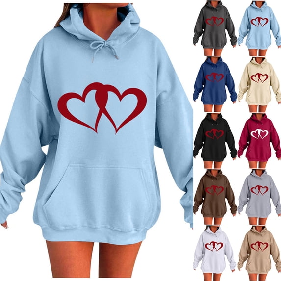 Hilzaten Womens Tops Casual Pullover Long Sleeve Print Drawstring Loosse Kangaroo Pocket Womens Hooded Sweatshirt