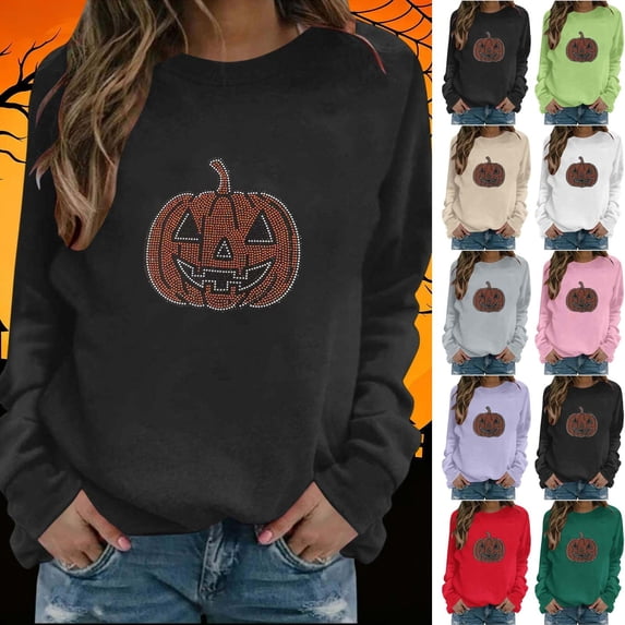 Hilzaten Womens Tops Hoodless Rhinestone Loosse Casual Long Sleeve Sweatshirts for Women