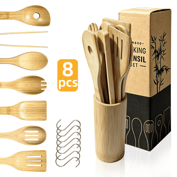 Hima Shilajatun Wooden Spoons for Cooking Set with Holder and 7 S Hooks, Bamboo Utensils for Nonstick Cookware
