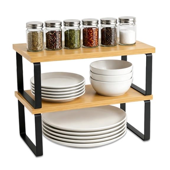 Hima Shilajatun Cabinet Organizers Shelf, Set of 2 kitchen Counter Shelf for Spice, Plate Storage, Bamboo