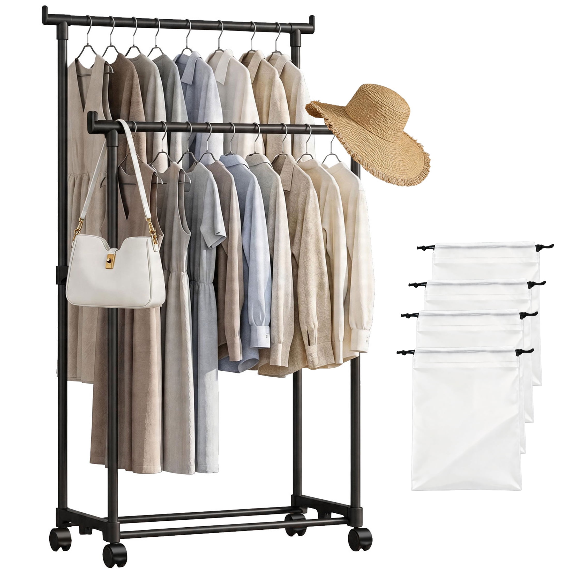 Hima Shilajatun Clothing Rack with Wheels for Hanging Clothes, Double ...
