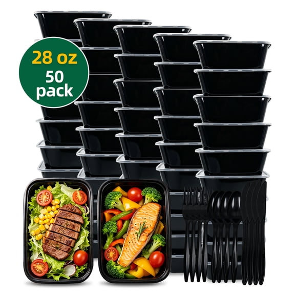 Hima Shilajatun Meal Prep Containers with Lids, 28 oz, 50 Pack, Plastic To Go Food Boxes with Cutlery Sets