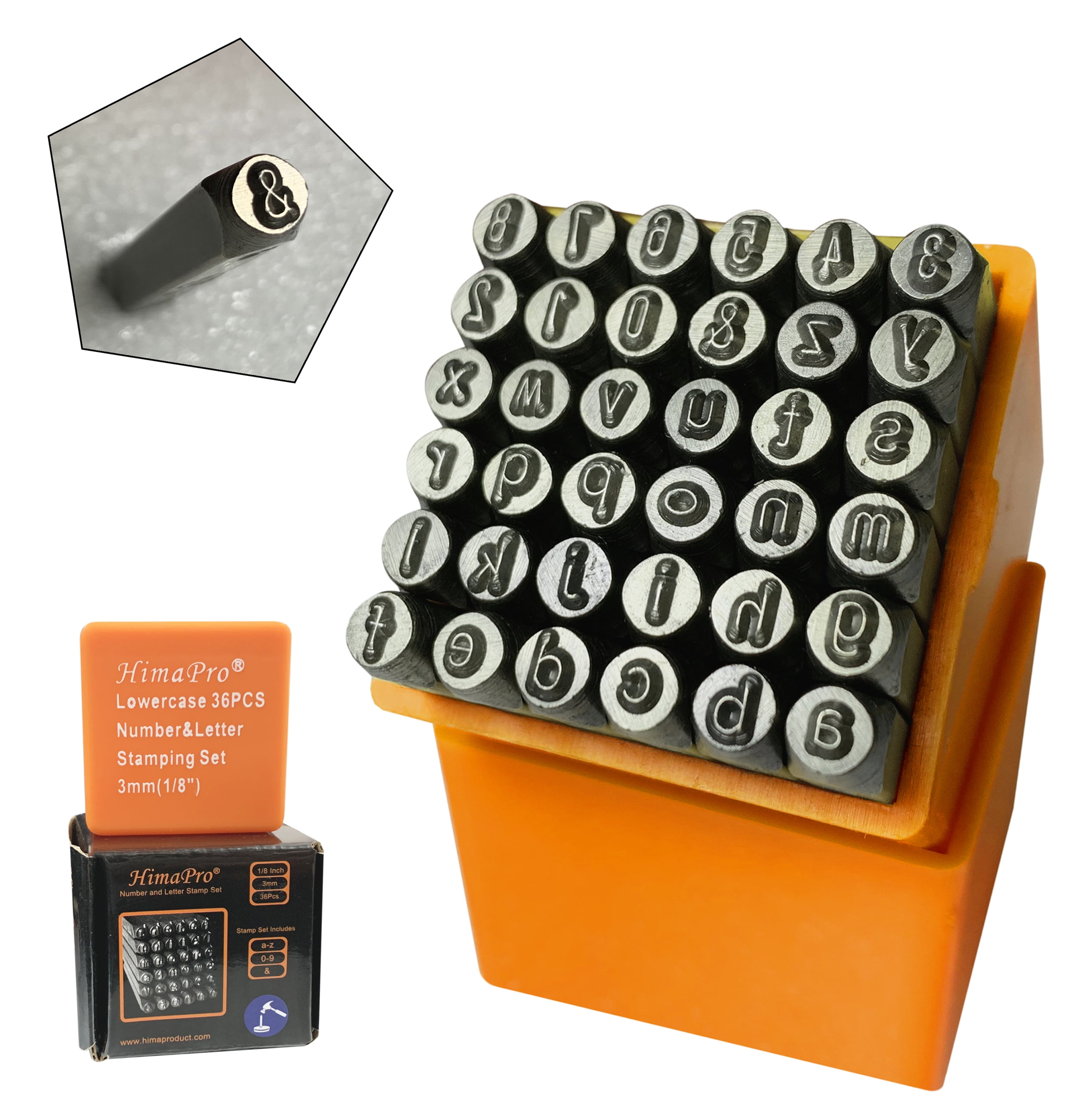 HimaPro Number and Letter Stamp Set 36 Pcs Lowercase Industrial Grade Letters 'a'-'z', &', 0'-'9' in A Plastic Box(4mm - 5/32 inch)