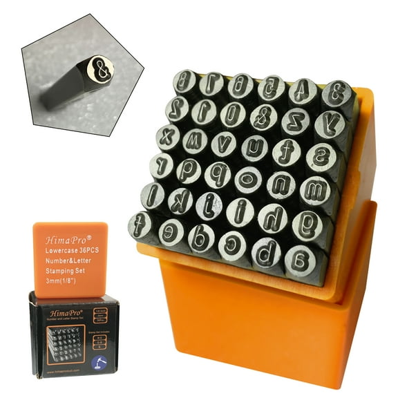 HimaPro Number and Letter Stamp Set 36 PCs Lowercase Industrial Grade Letters 'a'-'z', &', 0'-'9' in a Plastic Box (3mm - 1/8 Inch)