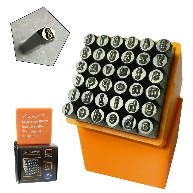 HimaPro Number and Letter Stamp Set 36 PCs Lowercase Industrial Grade  Letters 'a'-'z', &', 0'-'9' in a Plastic Box (3mm - 1/8 Inch)