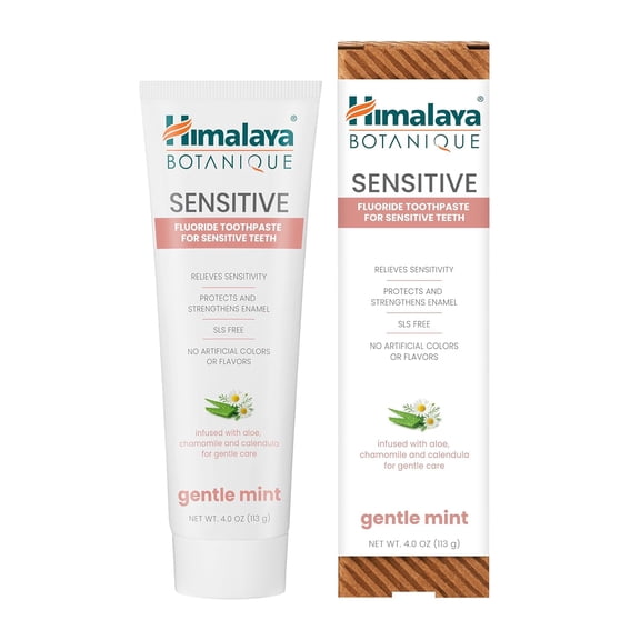 Himalaya Botanique Sensitive Toothpaste with Fluoride, 5% Potassium Nitrate for Sensitive Teeth, SLS & Titanium Dioxide Free, Vegan, Gentle Mint, 4 oz