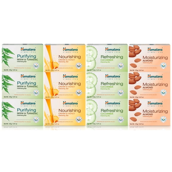 Himalaya Cleansing Bar Soaps Variety Pack, Neem & Turmeric, Almond, Cream & Honey and Cucumber, 4.41 oz, 12 Pack