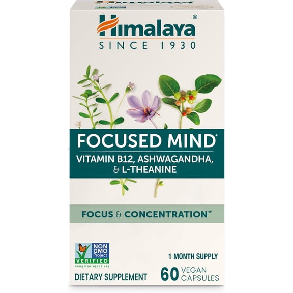 Himalaya Focused Mind Supplement, with Ashwagandha, Bacopa & L-Theanine for Attention, Focus and Energy Support, 60 Vegan Capsules, Gluten Free, 1 Month Supply