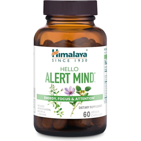 Himalaya Hello Alert Mind with Ashwagandha & L-Theanine for Energy, Focus and Attention, 60 Capsules