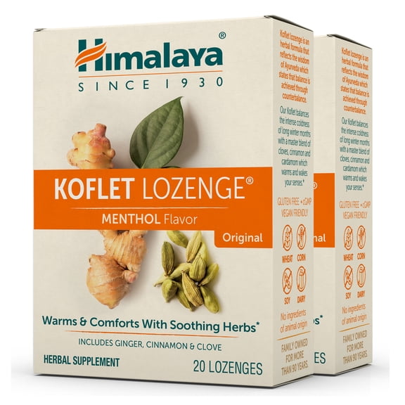 Himalaya Koflet Herbal Throat Lozenges, Natural Herbal Cough Drops, Ginger, Cinnamon, Clove, Gluten Free, Vegan, Menthol Flavor, 20 Individually Wrapped Lozenges, 2 Pack