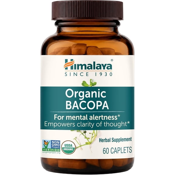 Himalaya USDA Organic Bacopa Monnieri Supplement for Mental Alertness, 750 mg, 60 Caplets