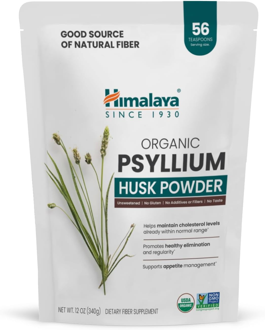 Himalaya Organic Psyllium Husk Powder, Daily Dietary Fiber Supplement, Appetite Management, 56