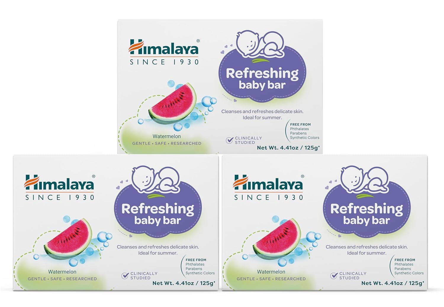 Himalaya Refreshing Baby Bar, with Neem Seed Oil & Watermelon Extract, Gentle Cleanser, 4.41 oz (125 g) , 3 Pack