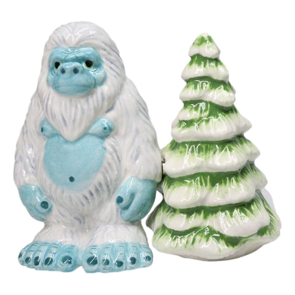 Himalayan Abominable Snowman Yeti And Pine Tree Ceramic Salt Pepper Shakers Set