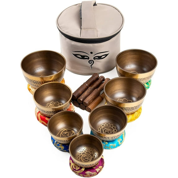 Himalayan Bazaar Tibetan Singing Bowls Set Of 7 Bronze for Meditation Mindfulness with Carry Box