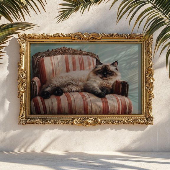 Himalayan Cat On Vintage Armchair: Retro Fluffy Feline Print, Unframed Paper Print