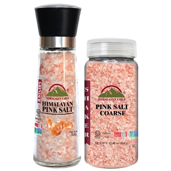 Himalayan Chef Pink Salt, Shaker Refill & Adjustable Grinder - Set of 2