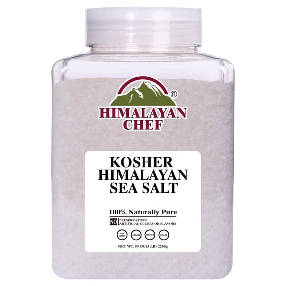 Himalayan Chef Kosher Sea Salt  Full Flavor, No Additives, unrefined and Less Sodium - Natural and Organic - 5 Pound Plastic Jar, Kosher & Non GMO Certified
