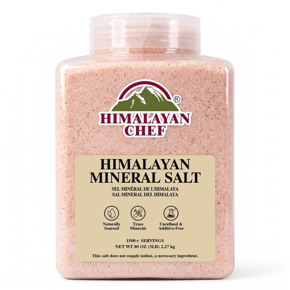 Himalayan Chef Mineral Salt, 5 lbs Plastic Jar  Natural Food Grade Salt for Cooking, Fine Grain, Bulk Kitchen Salt for Daily Use
