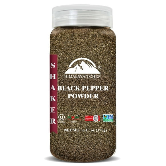 Himalayan Chef Organic Black KEF28 Pepper Powder Shaker - 6.17Oz (175g), Free from Artificial Colors & Additives, Non GMO & Kosher Certified, Black Pepper Shaker